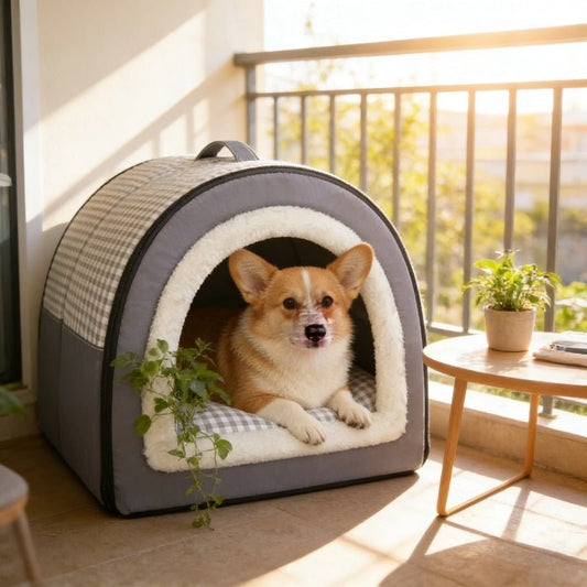 toutou dans toit pour niche chien sur le balcon