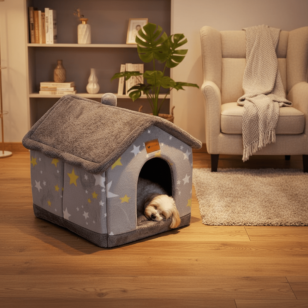 toutou détendu dans cabane d'intérêt pour chien dans salon