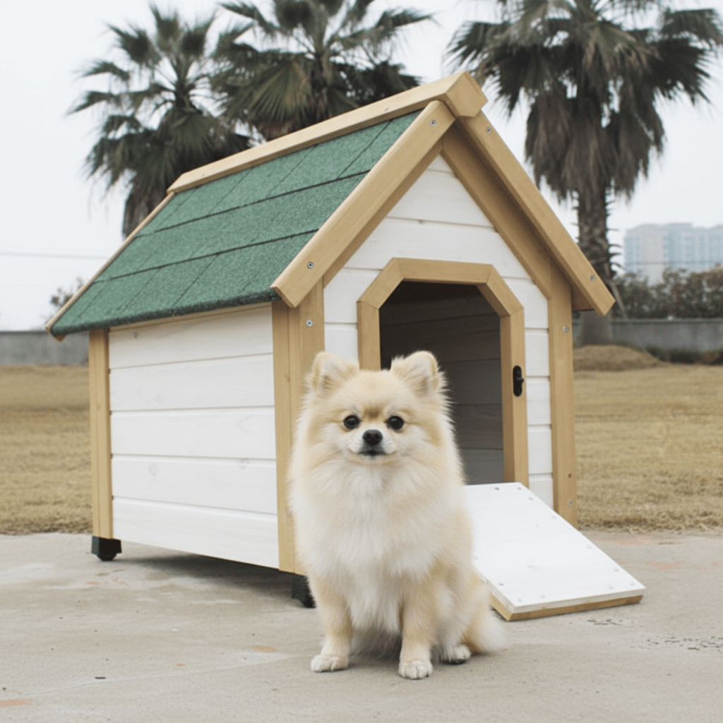 toutou devant cabane pour chien en bois imperméable