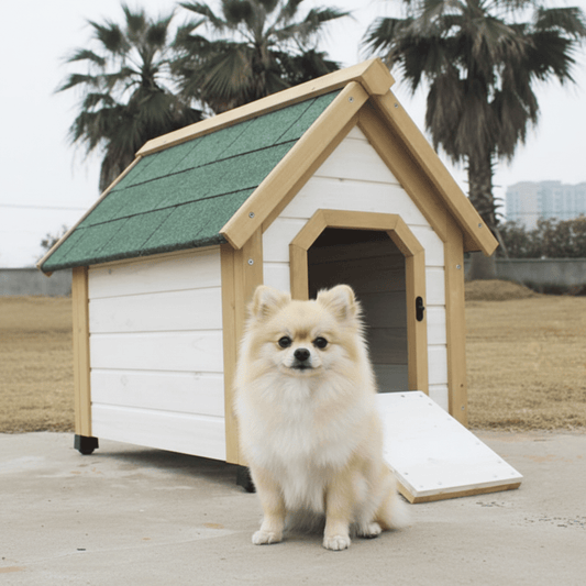 toutou devant cabane pour chien en bois imperméable