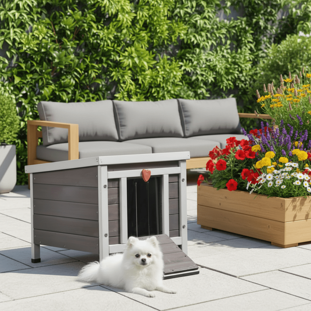toutou devant la cabane  pour chien extérieure dans jardin