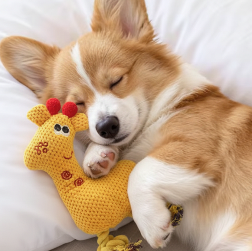 toutou dort avec le jouet pour chien  en peluche