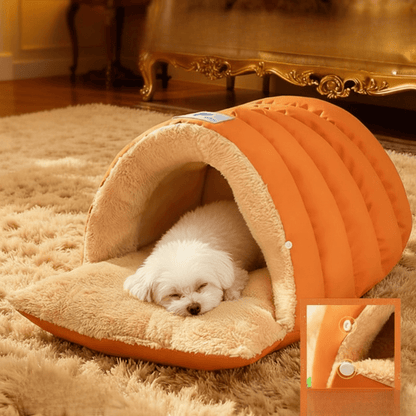 toutou dort dans   igloo pour chien en peluche