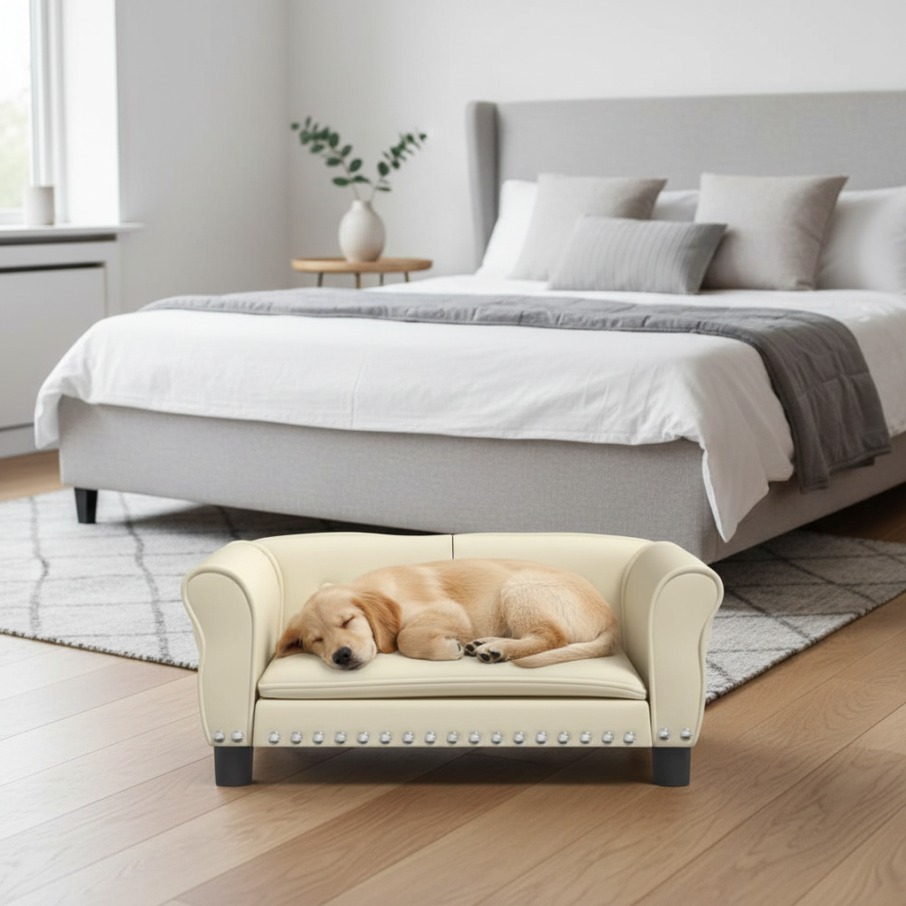 toutou dort dans canapé lit pour chien en peluche 