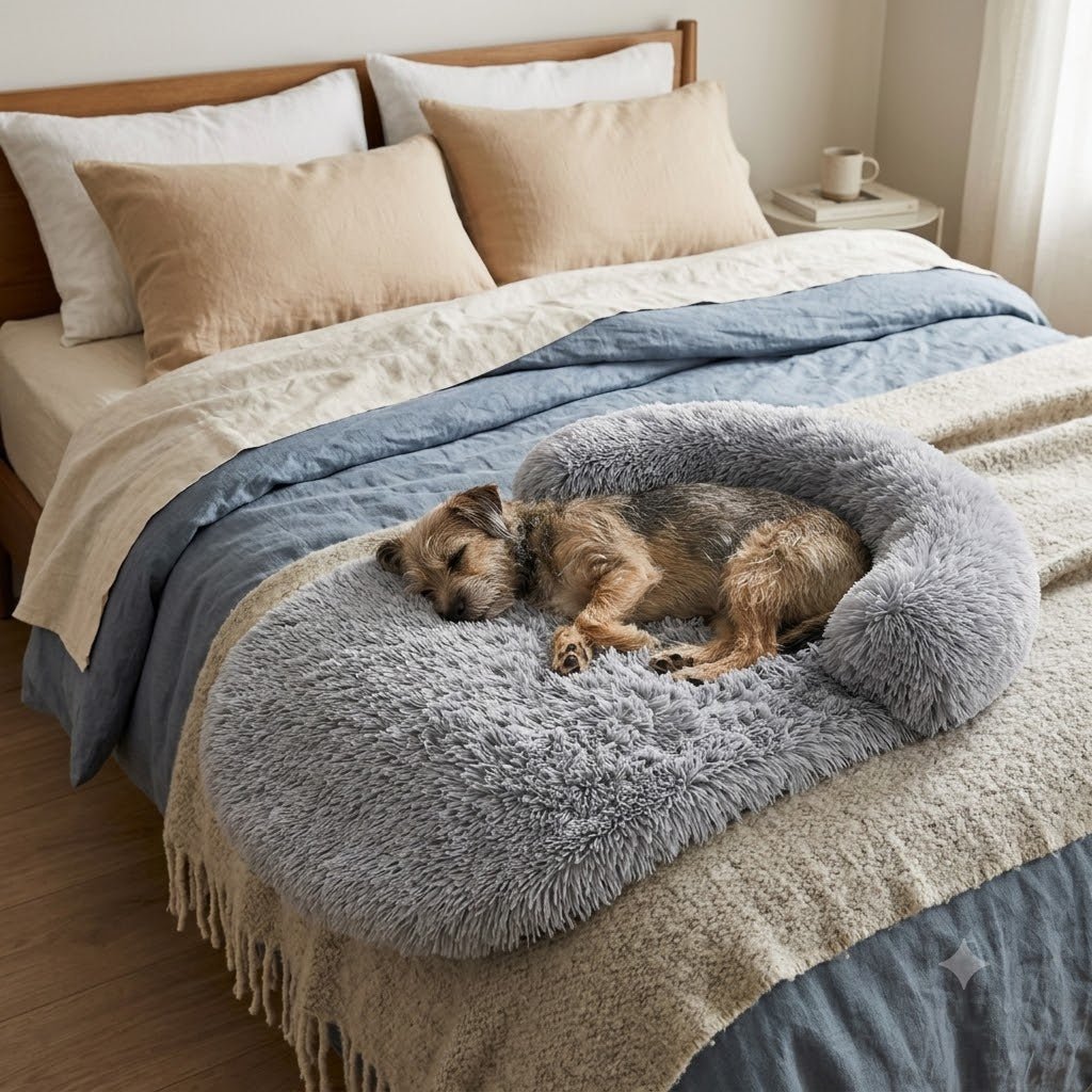 toutou dort dans coussin pour grand chien orthopédique sur lit 