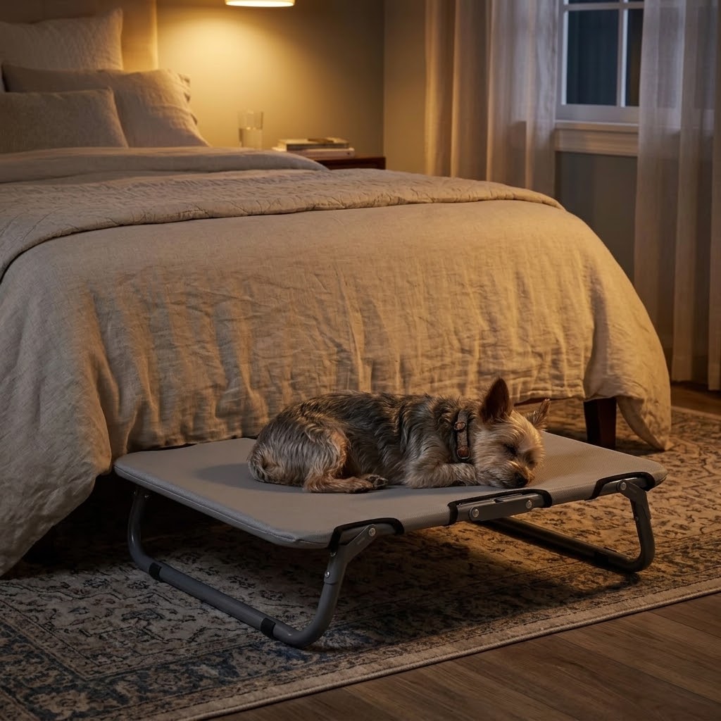 toutou dort dans lit pliant pour chien dans la chambre
