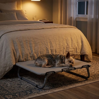 toutou dort dans lit pliant pour chien dans la chambre