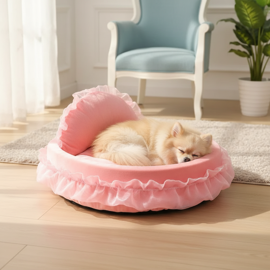 toutou dort dans lit pour chien dans salon