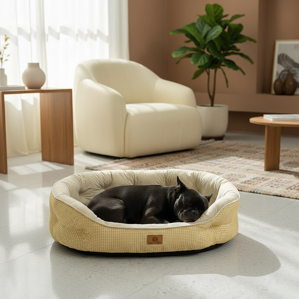 toutou dort dans panier pour chien en_ tissu a carreaux