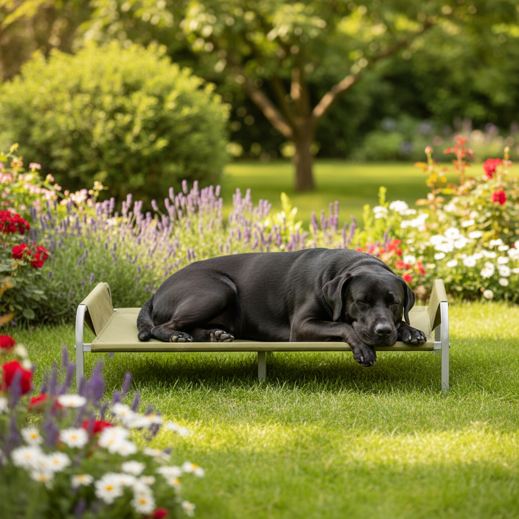 toutou dort dans surélevé dans un jardin