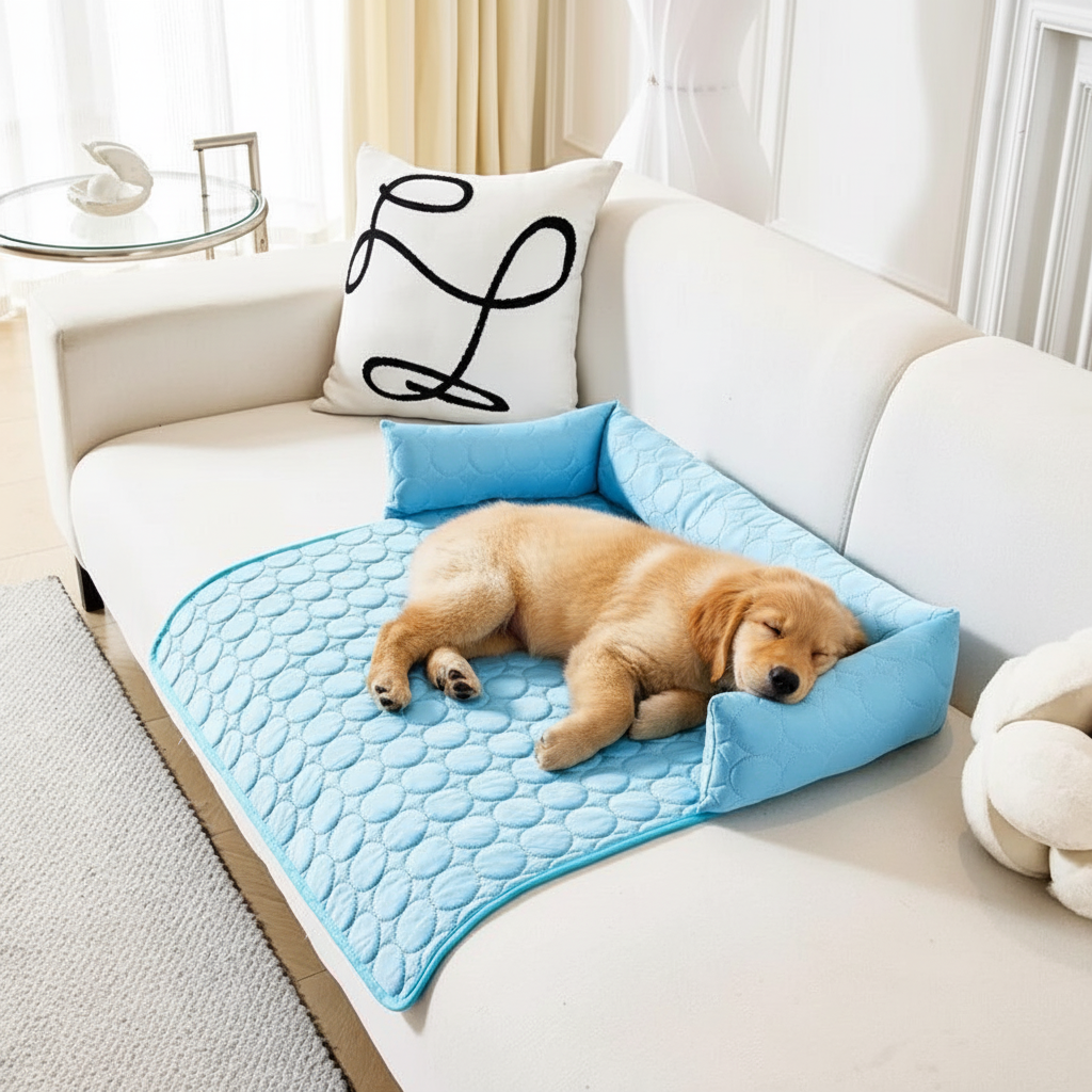 toutou dort dans tapis rafraichissant chien avec accoudoir