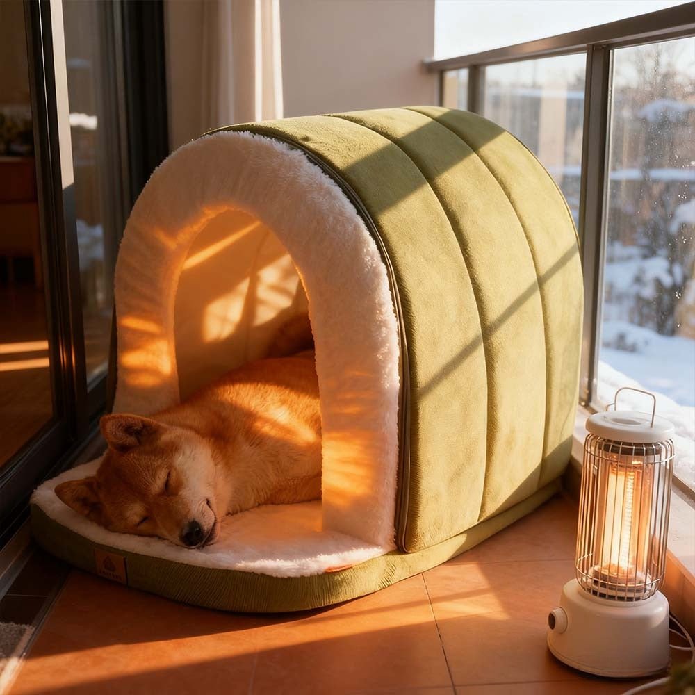 toutou dort paisiblement dans niche igloo pour chien moelleuse