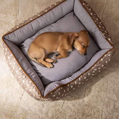 toutou en sécurité dans le canape pour chien avec des rebord