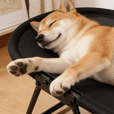 toutou endormi dans lit pour chien surélevé
