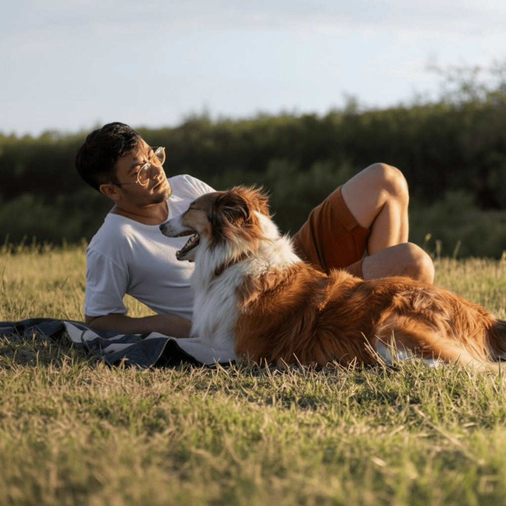 toutou et son maitre sur couverture chien imperméable dans le parc