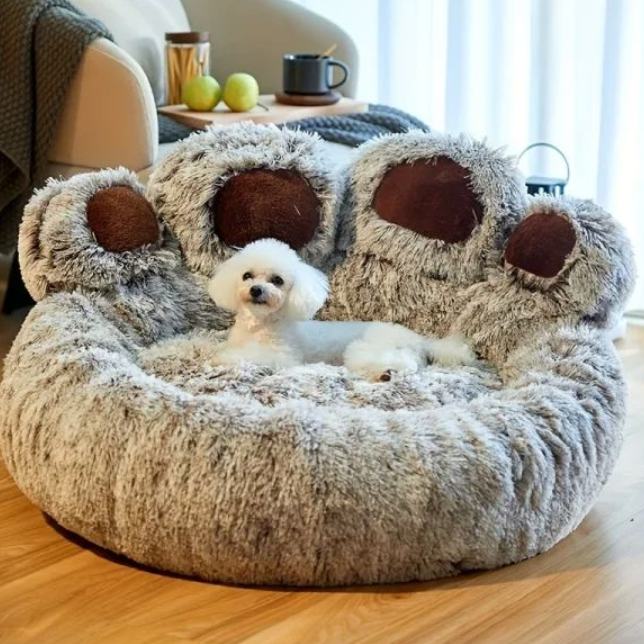 toutou heureux dans lit pour chien en peluche douce