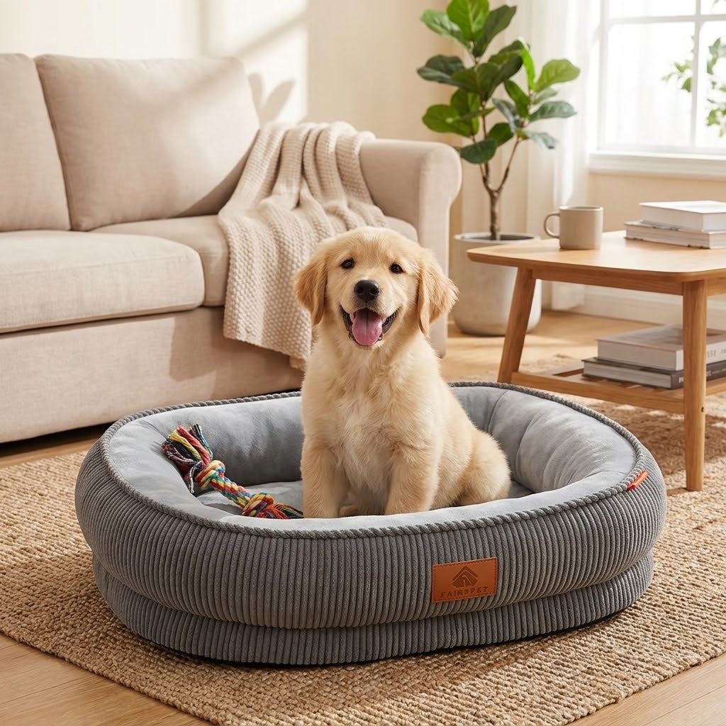 toutou heureux dans panier chien chaud côtelé 