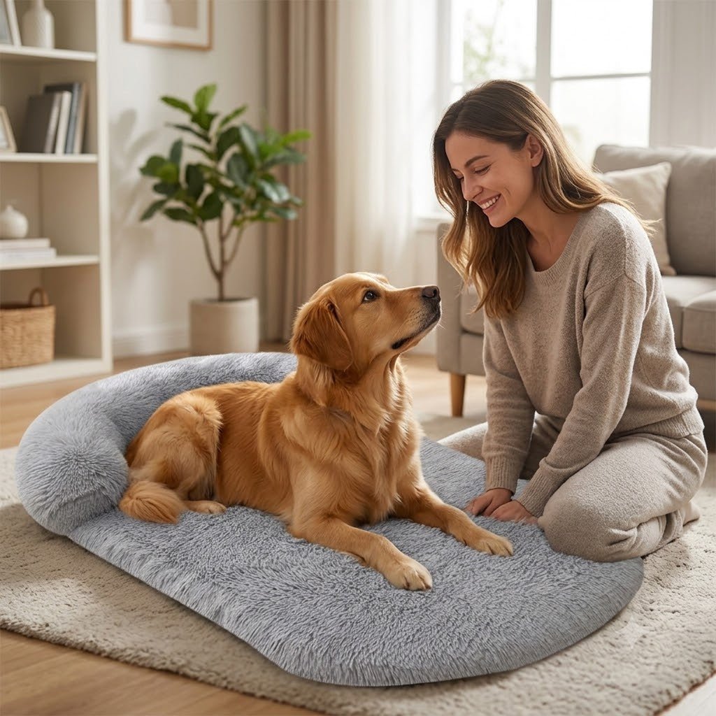 toutou regarde sa maitresse dans coussin pour grand chien orthopédique