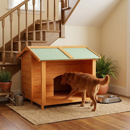toutou rentre dans la cabane pour chien en bois pin massif