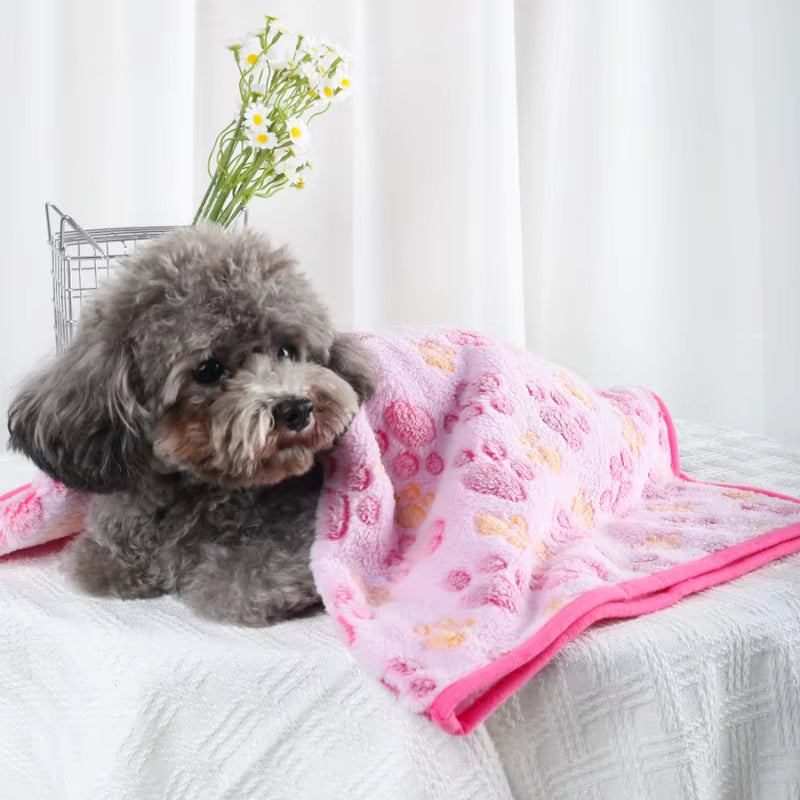 toutou sous couverture chien rose motif patte de chien
