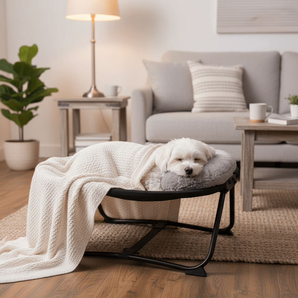 toutou sous couverture dans lit pour chien surélevé