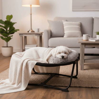 toutou sous couverture dans lit pour chien surélevé