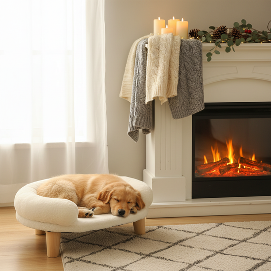 toutou sur banquette pour chien devant cheminée