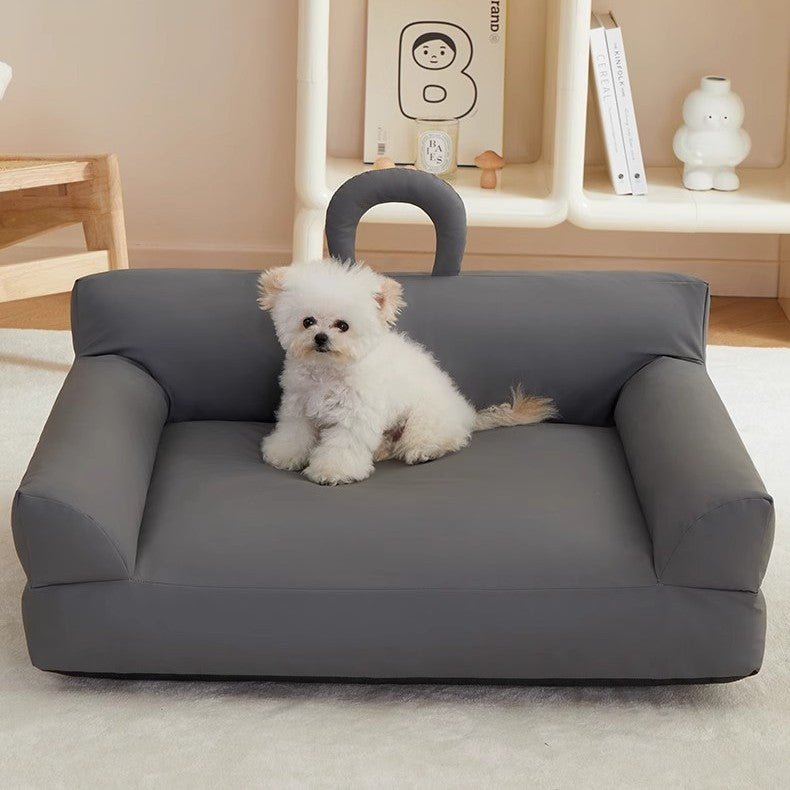 toutou sur  canapé pour chien orthopédique en cuir gris