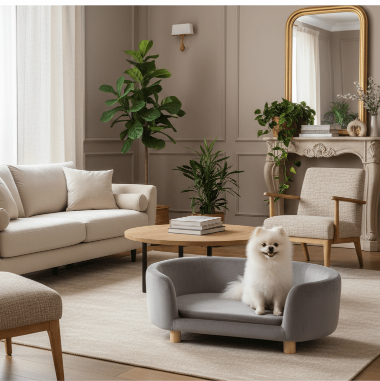 toutou sur canapé pour grand chien dans salon moderne