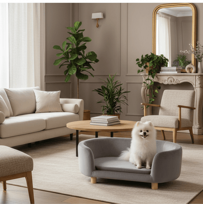 toutou sur canapé pour grand chien dans salon moderne