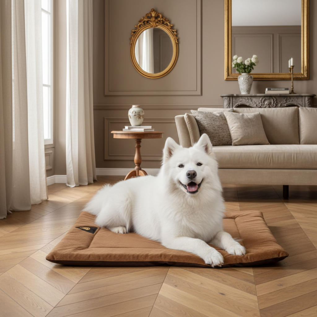 toutou sur coussin pour chien en fibre