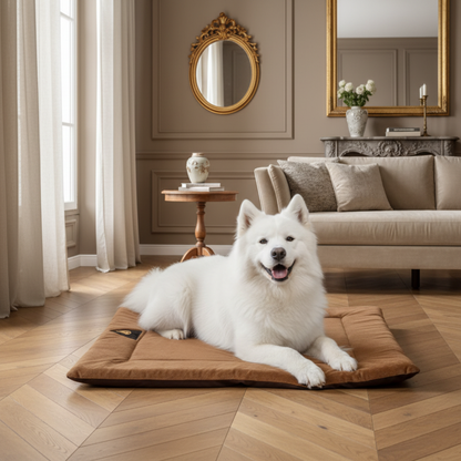 toutou sur coussin pour chien en fibre