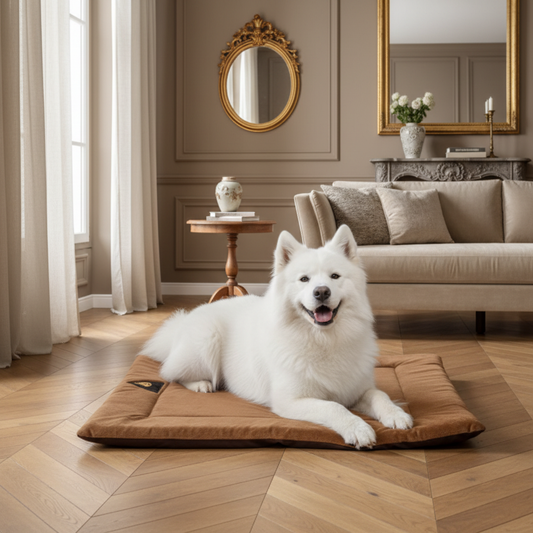 toutou sur coussin pour chien en fibre