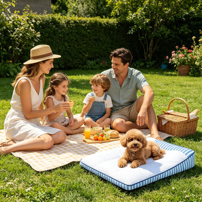 toutou_sur_coussin_rafraichissant_pour_chien_entoure_par_la_famille