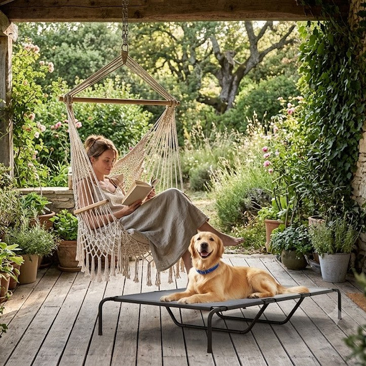 toutou sur la terrasse dans lit pour chien xxl surélevé respirant