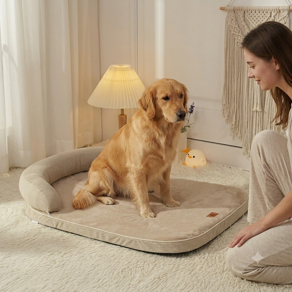 toutou sur le coussin pour chien orthopédique déhoussable
