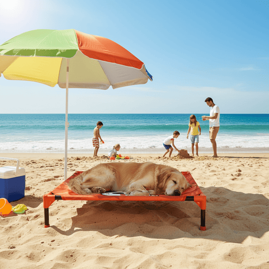 toutou sur lit de camp chien sous le parasole la plage