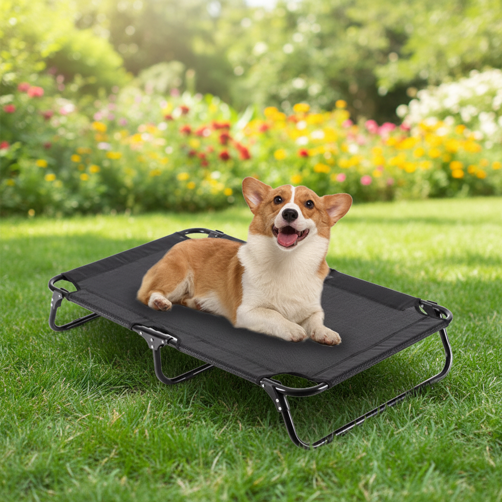 toutou sur lit de camp pliable pour chien