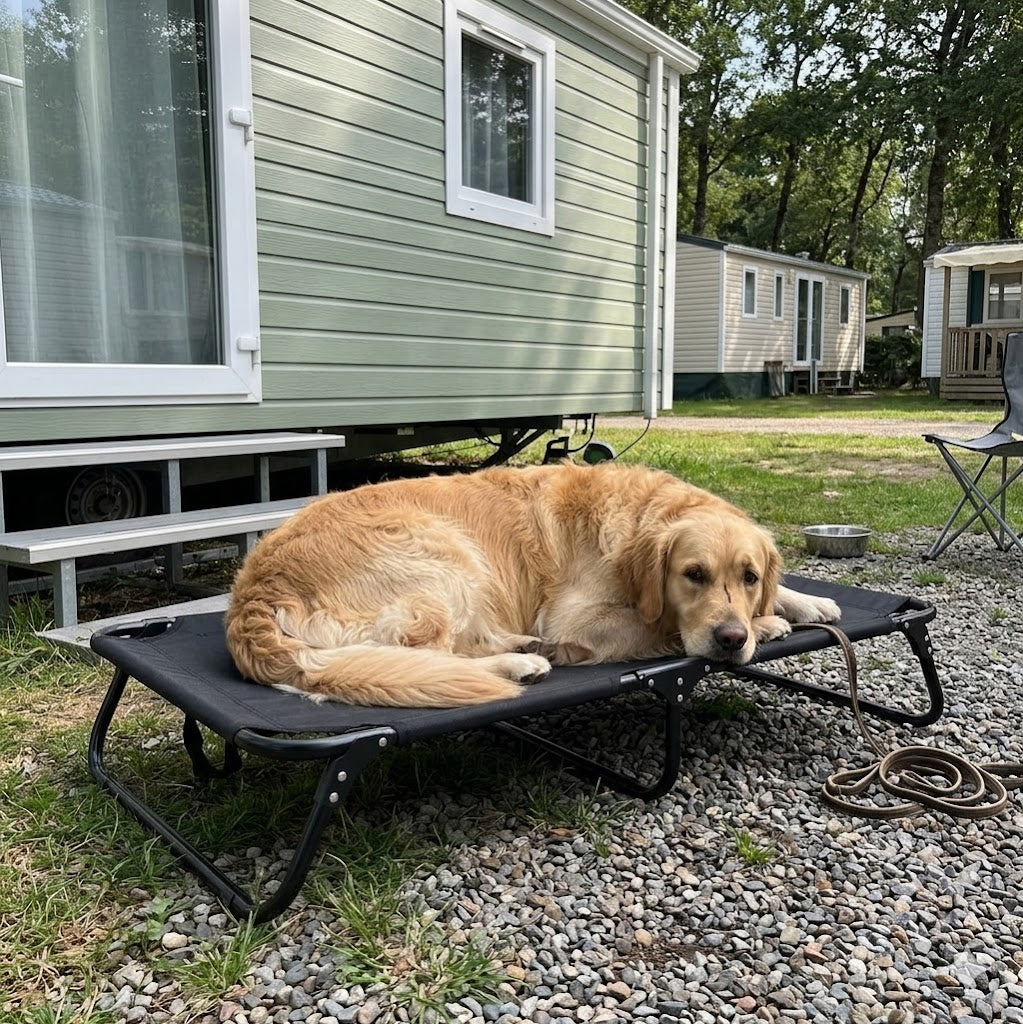 toutou sur lit de camp pliable pour chien au camping