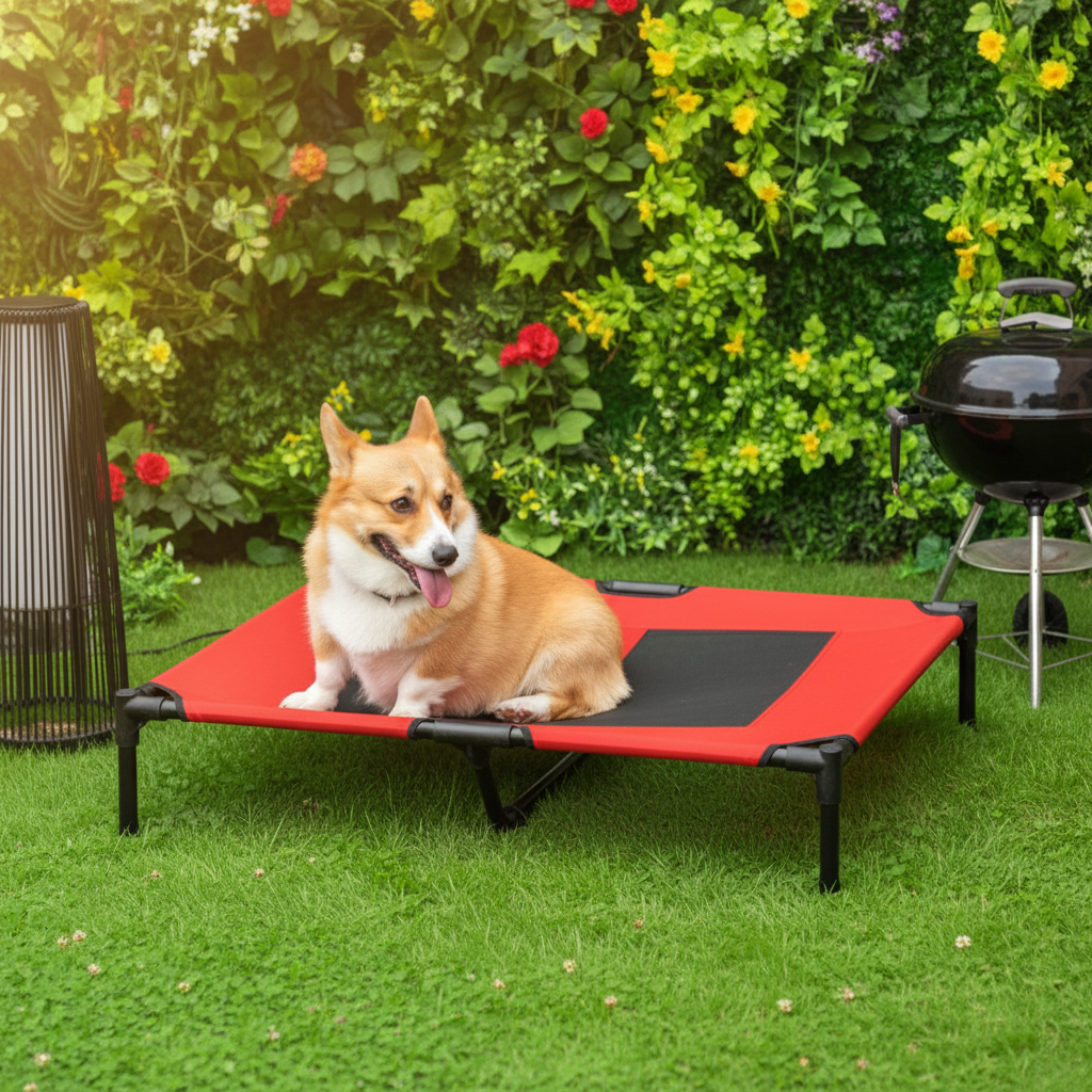 toutou sur lit de camp pour chien XXL dans jardin