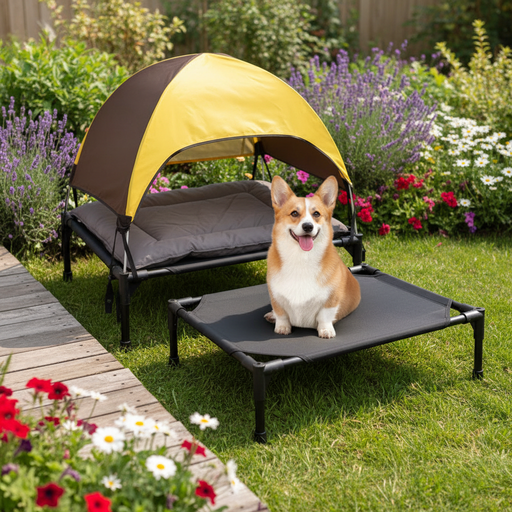 toutou sur lit de camp pour chien dans jardin