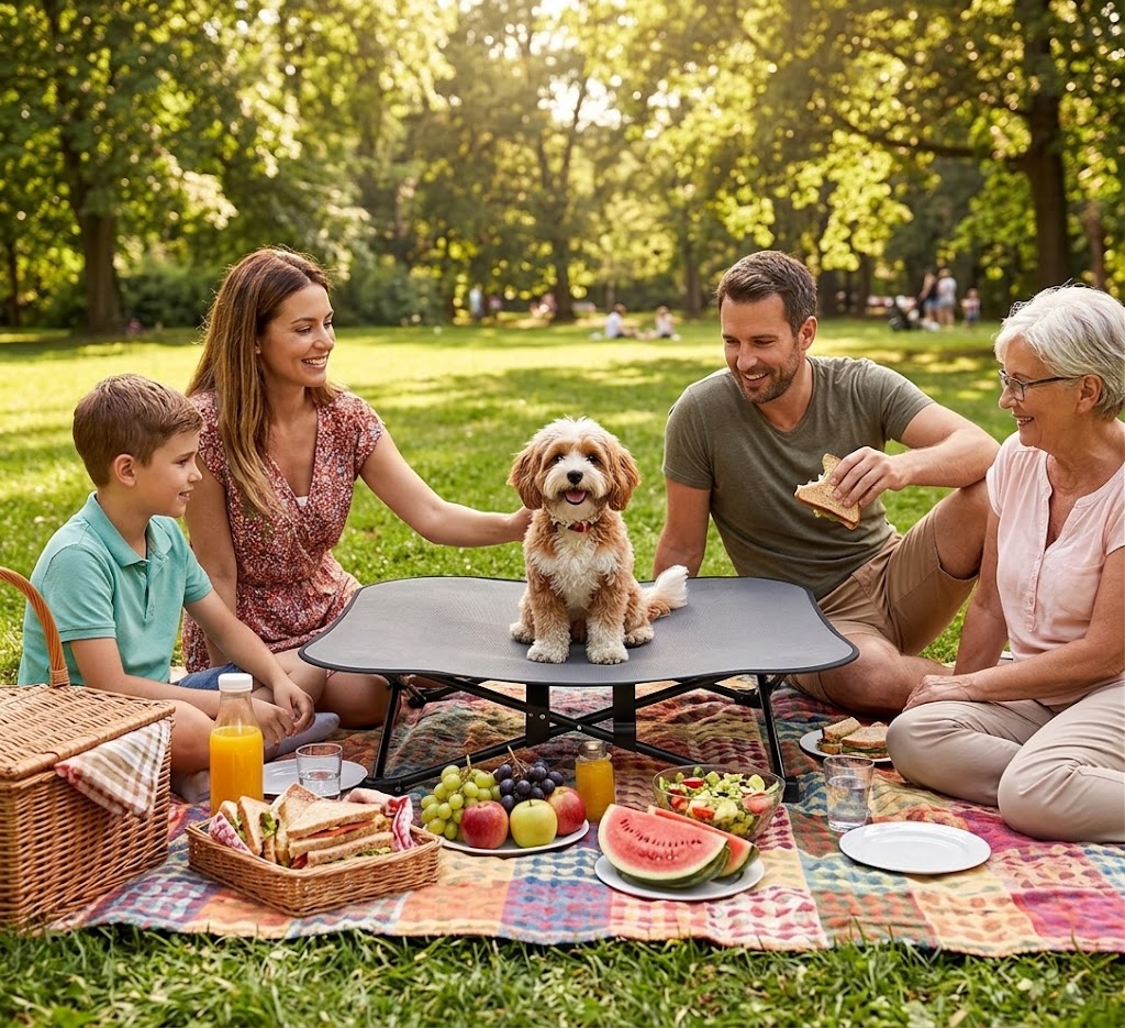 toutou sur lit pour chien pliant en famille au pique-nique