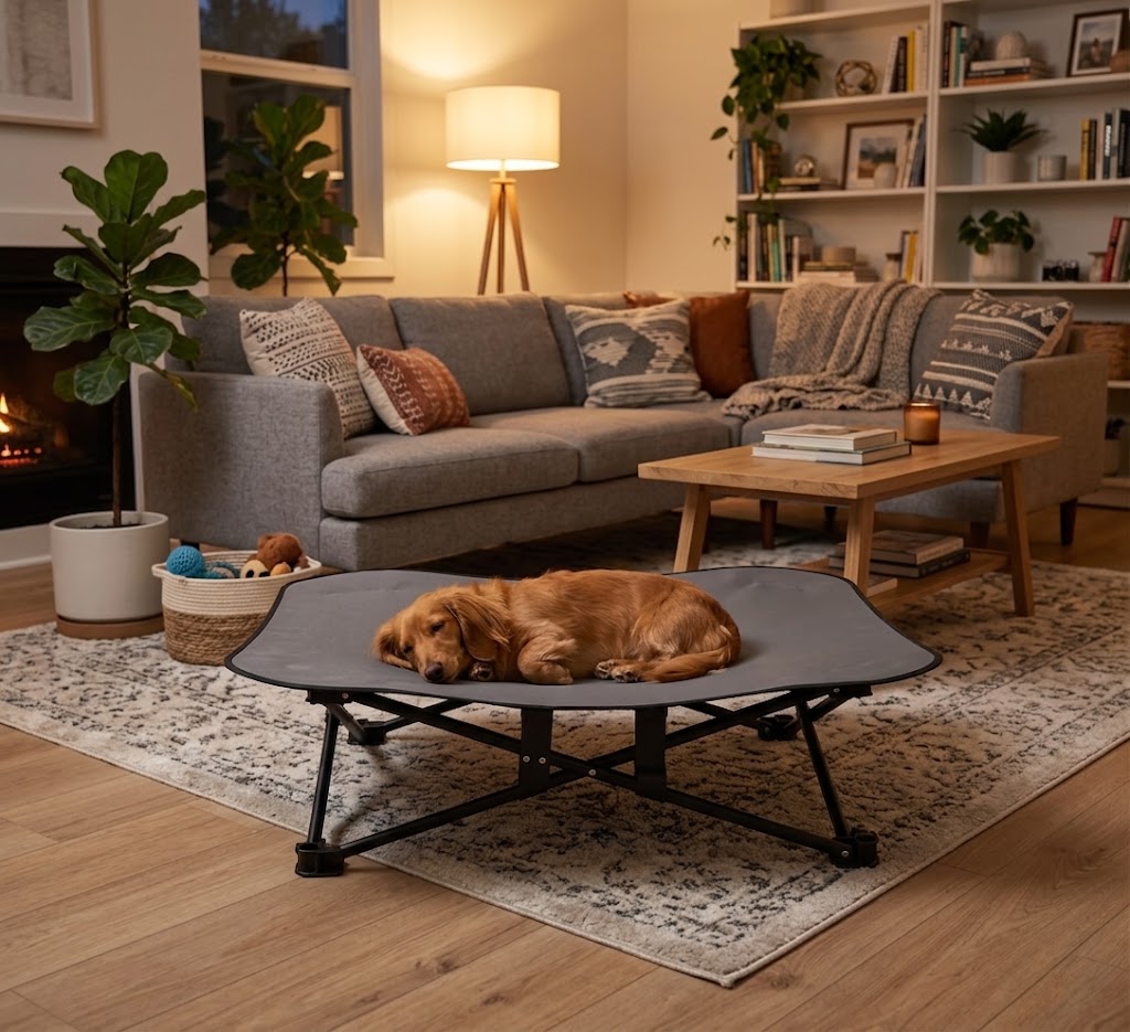 toutou_sur_lit_pour_chien_pliant_en_tissu_respirant