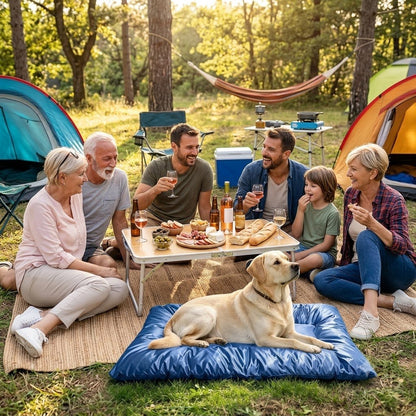 toutou sur tapis pour chien rafraichissant entoure par la famille