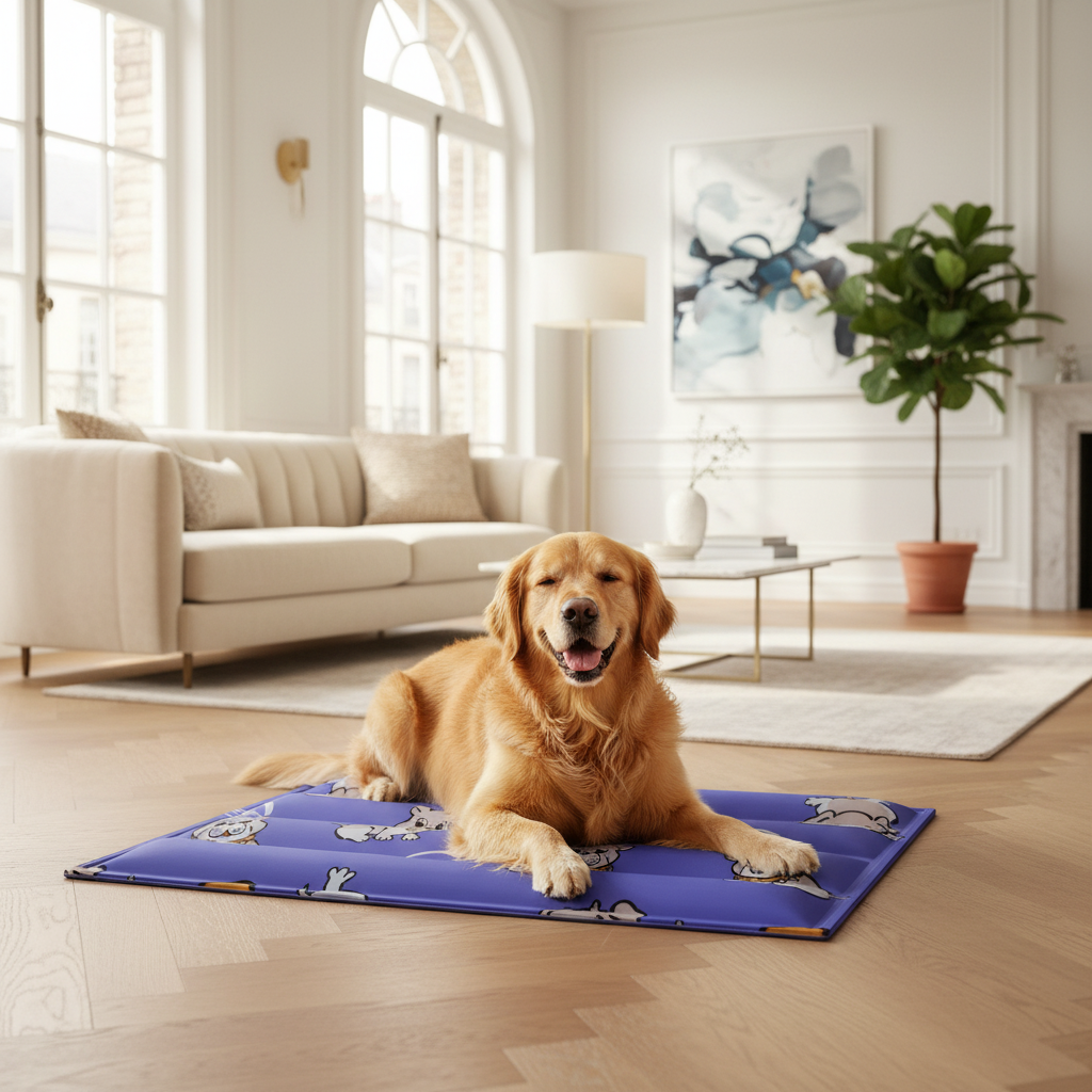toutou sur tapis rafraichissant chien en gel bleu