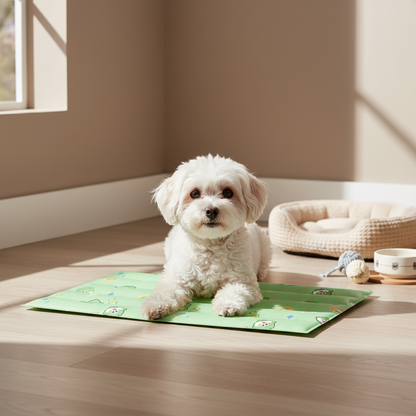 toutou sur tapis rafraichissant chien en gel vert