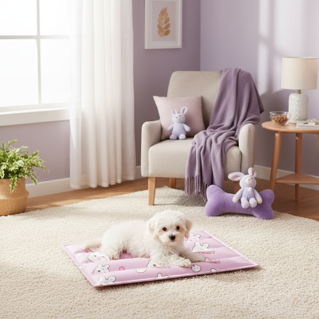 toutou sur tapis rafraichissant chien en gel violet clair