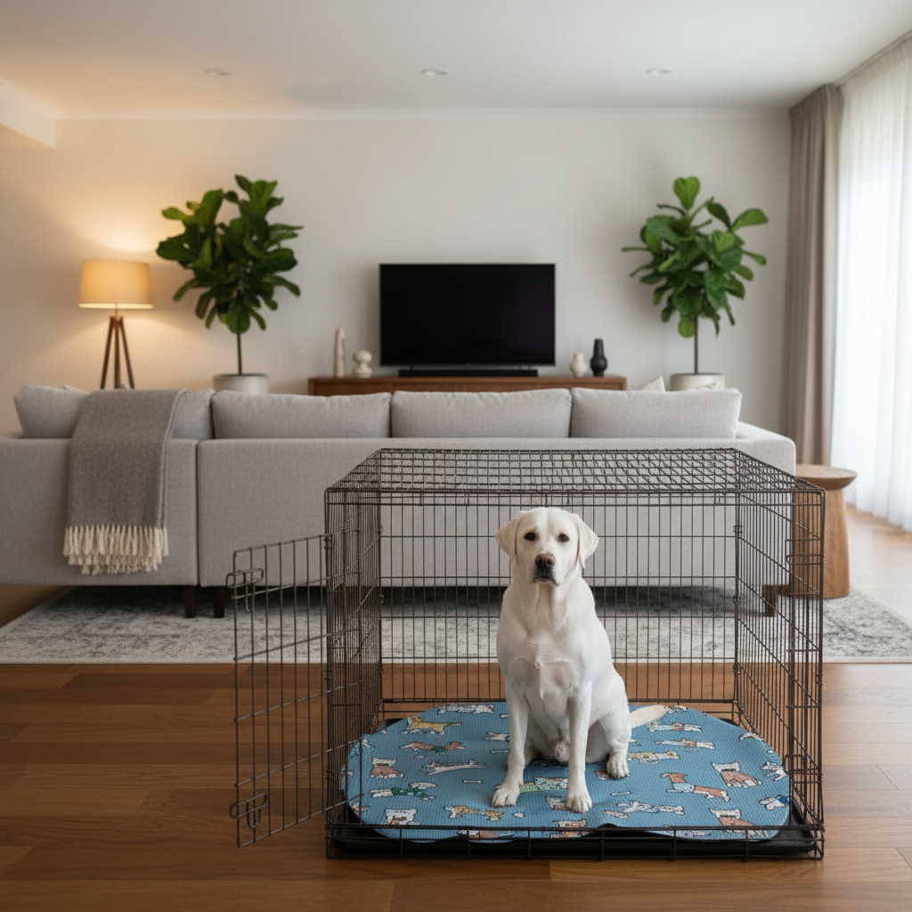 toutou sur tapis rafraichissant chien grand taille dans sa cag