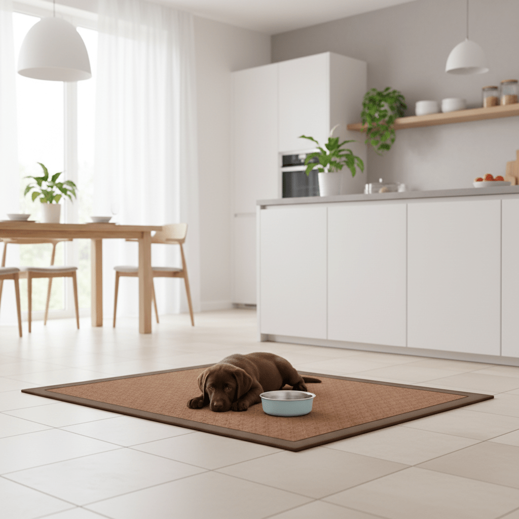 toutou sur tapis rafraichissant dans la cuisine