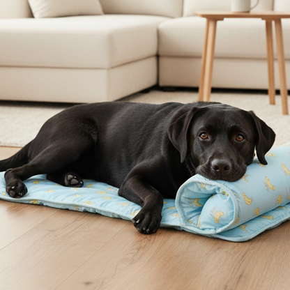 toutou sur tapis rafraichissant pour chien avec coussin